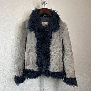 103.Vintage Wilsons Leather Gray and Blue Teddy Jacket. Size XL